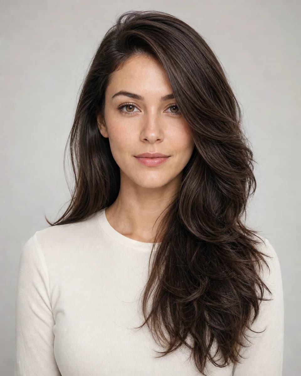 Side-swept long layers — synthetic hairstyle study portrait