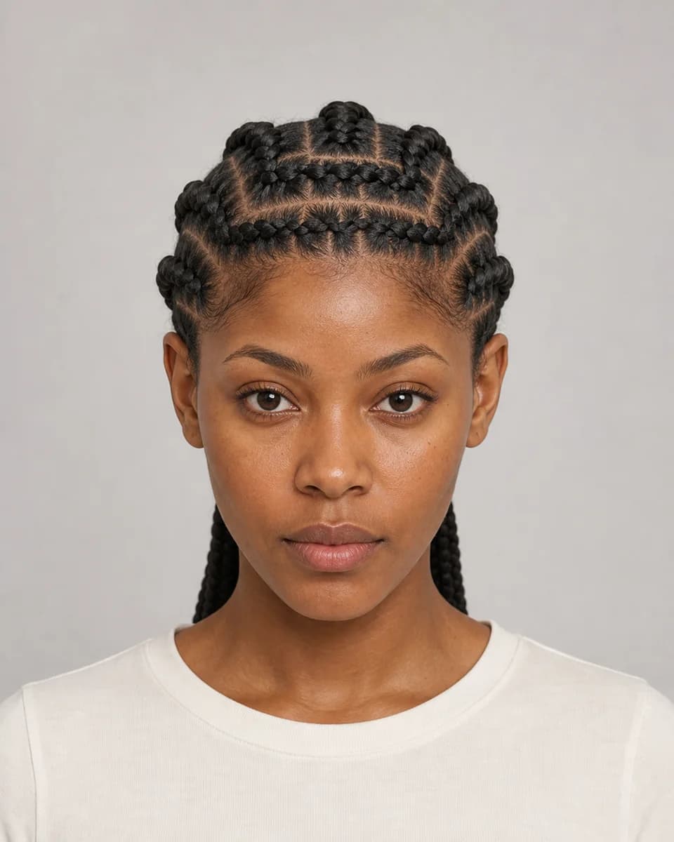 Stitch braids — synthetic hairstyle study portrait