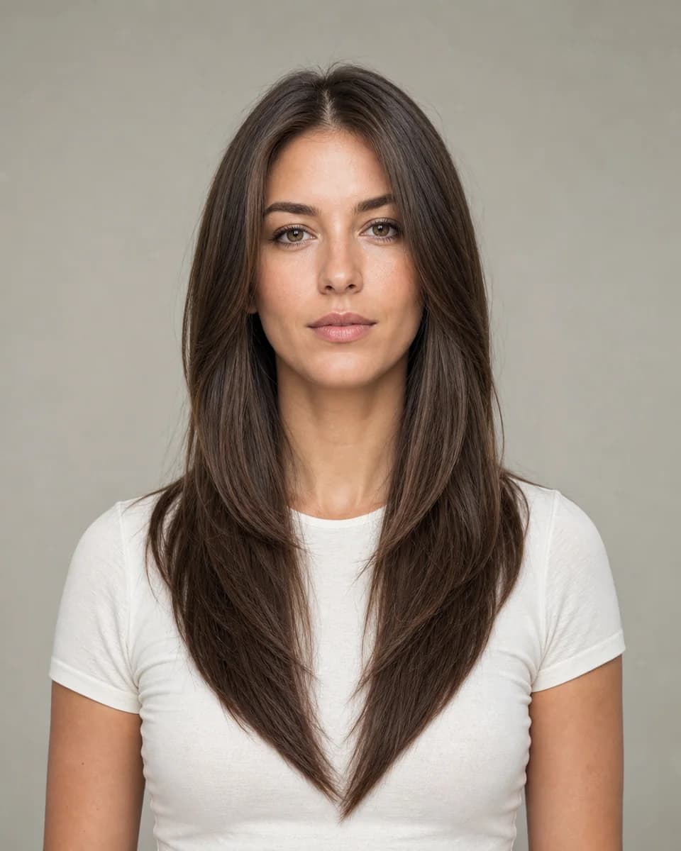 V-shaped long layers — synthetic hairstyle study portrait
