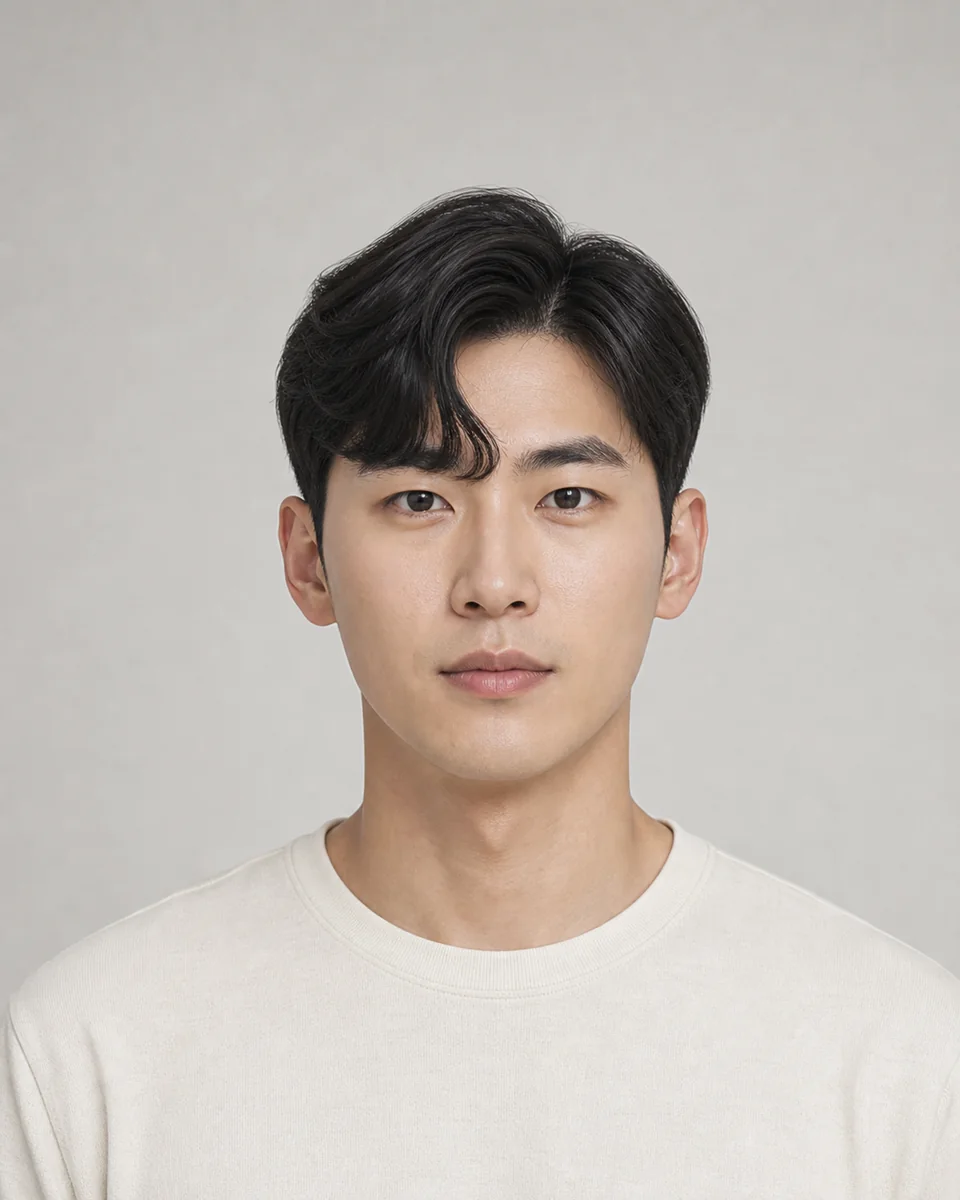 Classic comma hair — synthetic men’s hairstyle study portrait