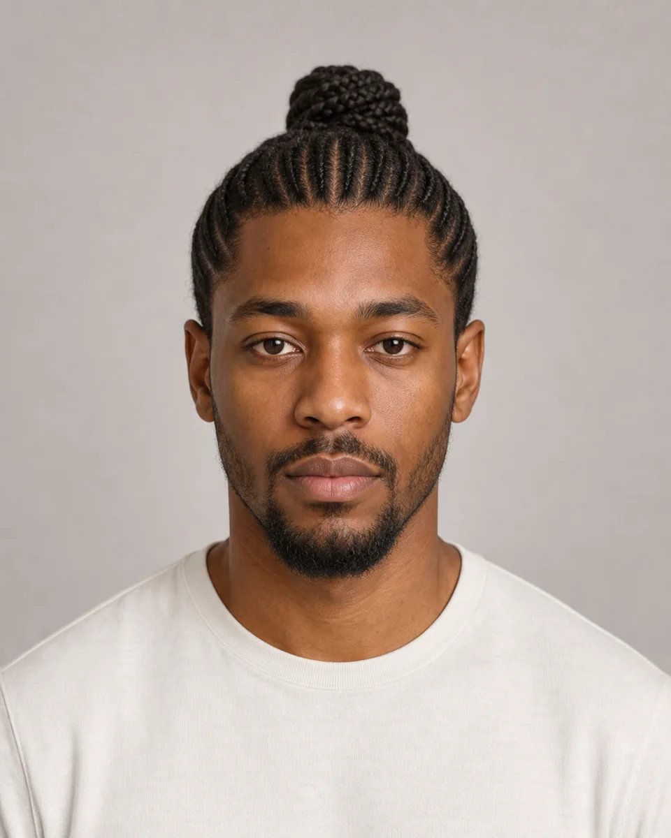 Braided man bun — synthetic hairstyle study portrait