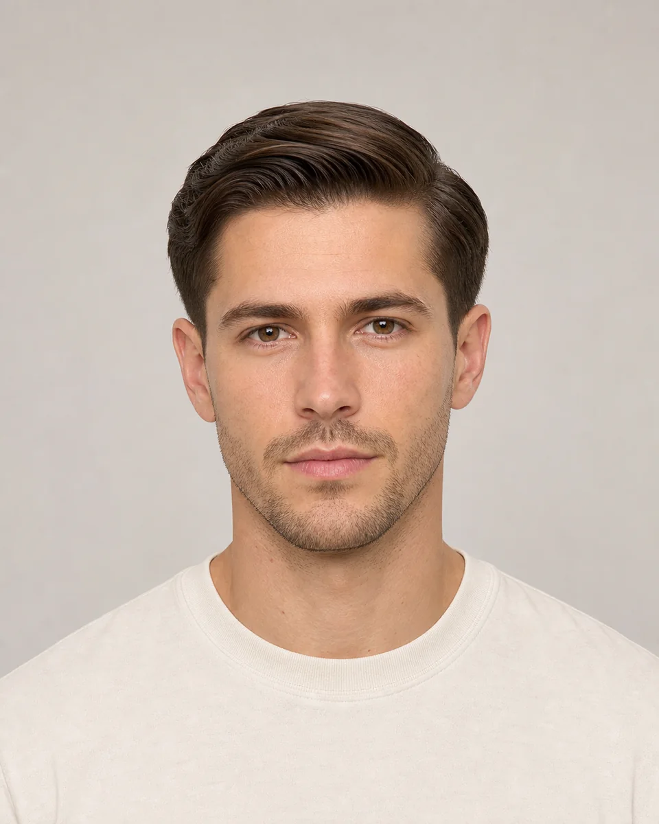 Comb-over taper — synthetic hairstyle study portrait