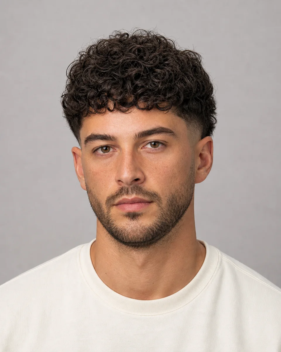 Drop fade with curls — synthetic hairstyle study portrait