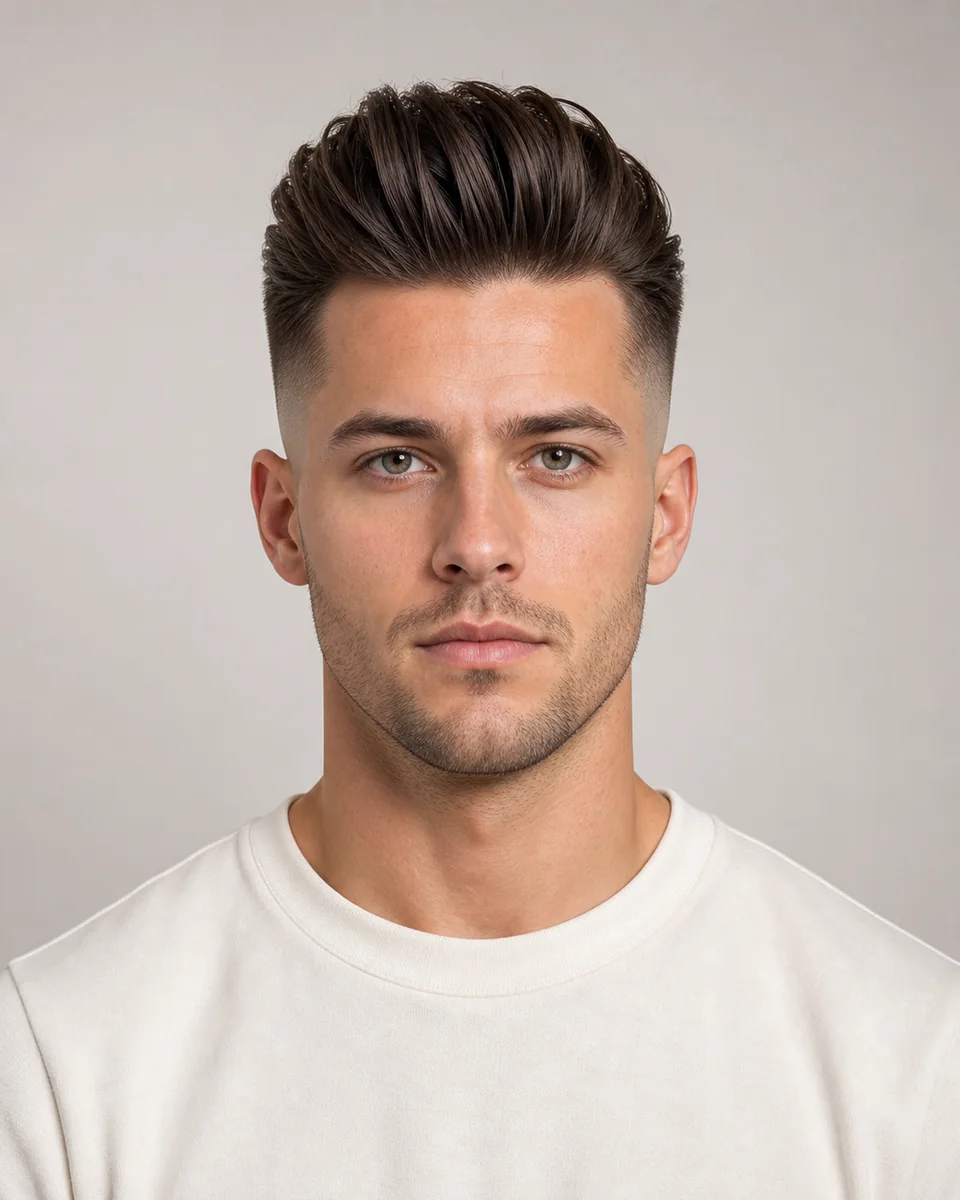High fade pompadour — synthetic hairstyle study portrait