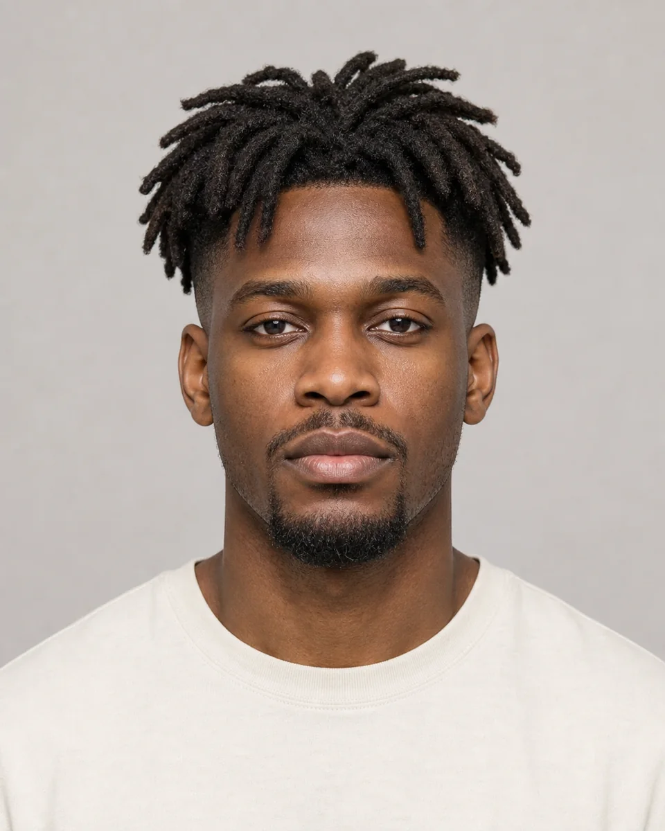 High taper with locs — synthetic hairstyle study portrait