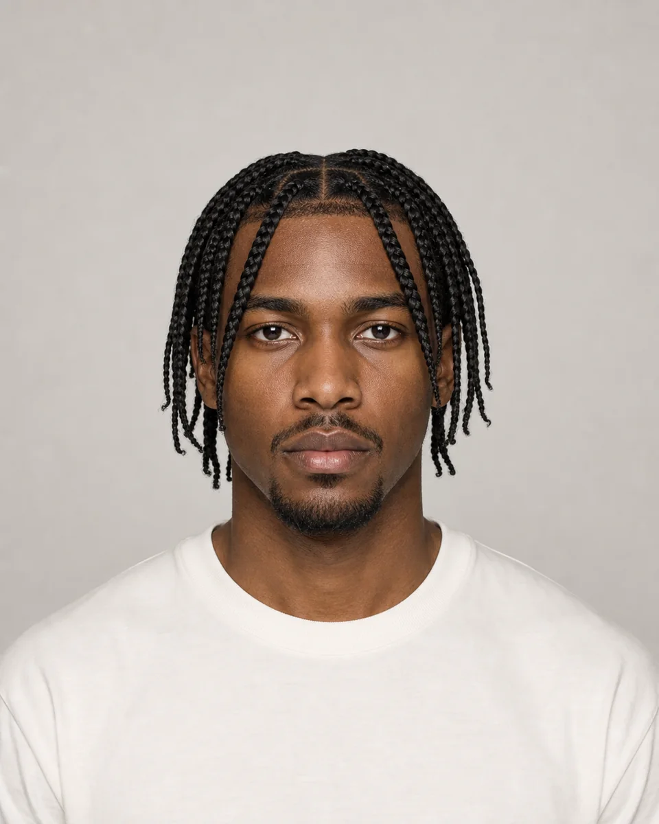 Men’s knotless braids — synthetic hairstyle study portrait