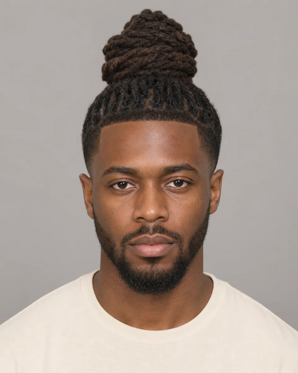 Loc bun with taper — synthetic hairstyle study portrait