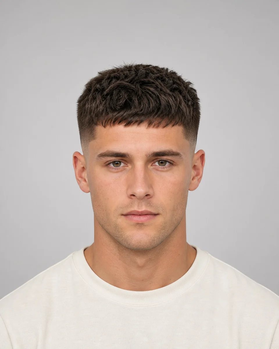 Low fade with crop — synthetic hairstyle study portrait