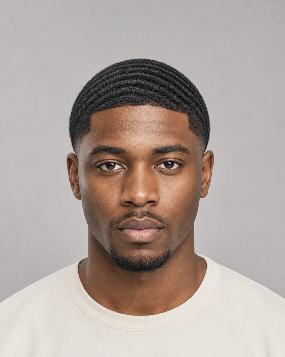 Low taper with 360 waves — synthetic hairstyle study portrait
