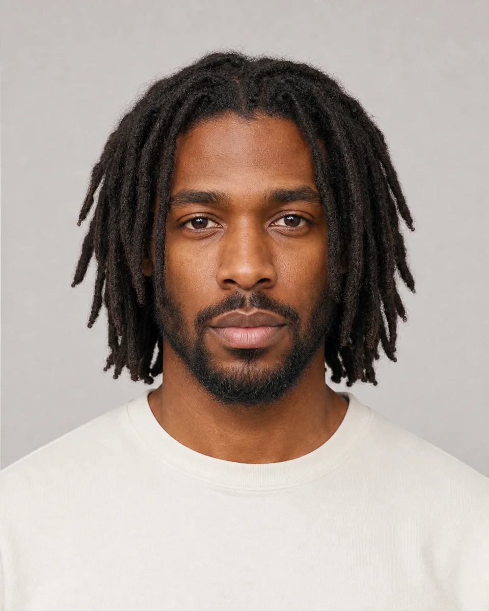 Medium free-hanging locs — synthetic hairstyle study portrait