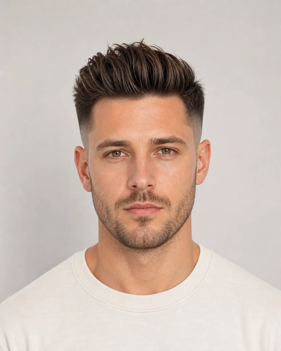 Mid fade with quiff — synthetic hairstyle study portrait