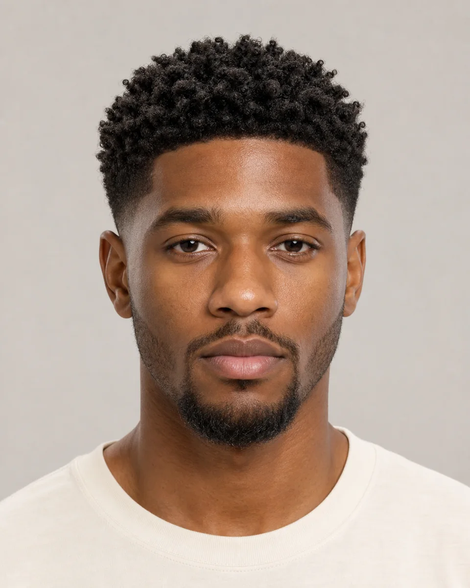 Mid taper with coils — synthetic hairstyle study portrait