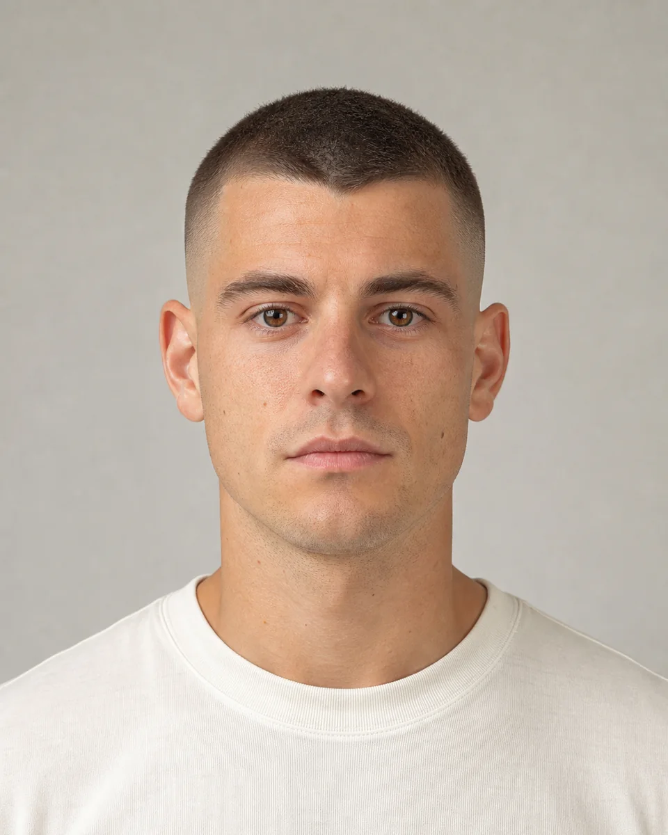 Skin-fade buzz cut — synthetic hairstyle study portrait