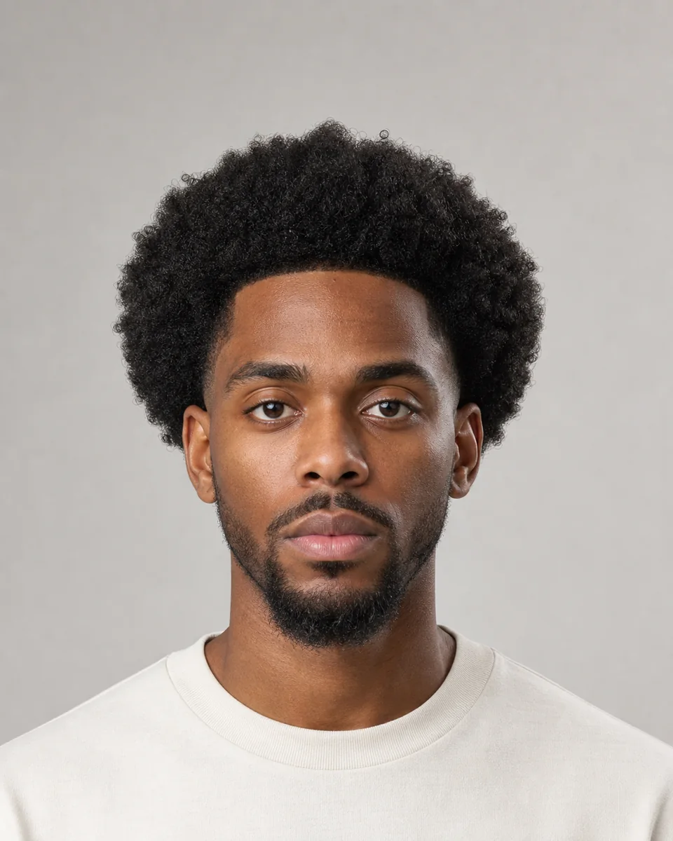 Temple-fade Afro — synthetic hairstyle study portrait