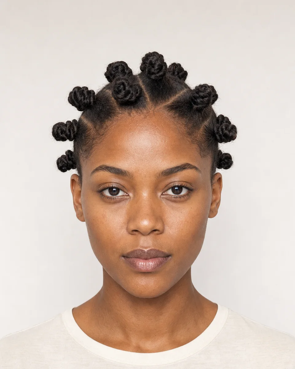 Bantu knots — synthetic hairstyle study portrait