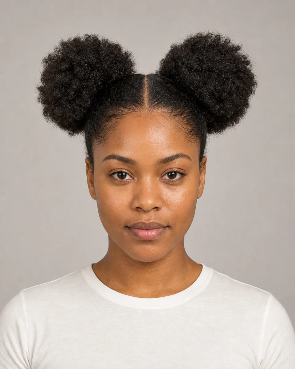 Double Afro puffs — synthetic hairstyle study portrait