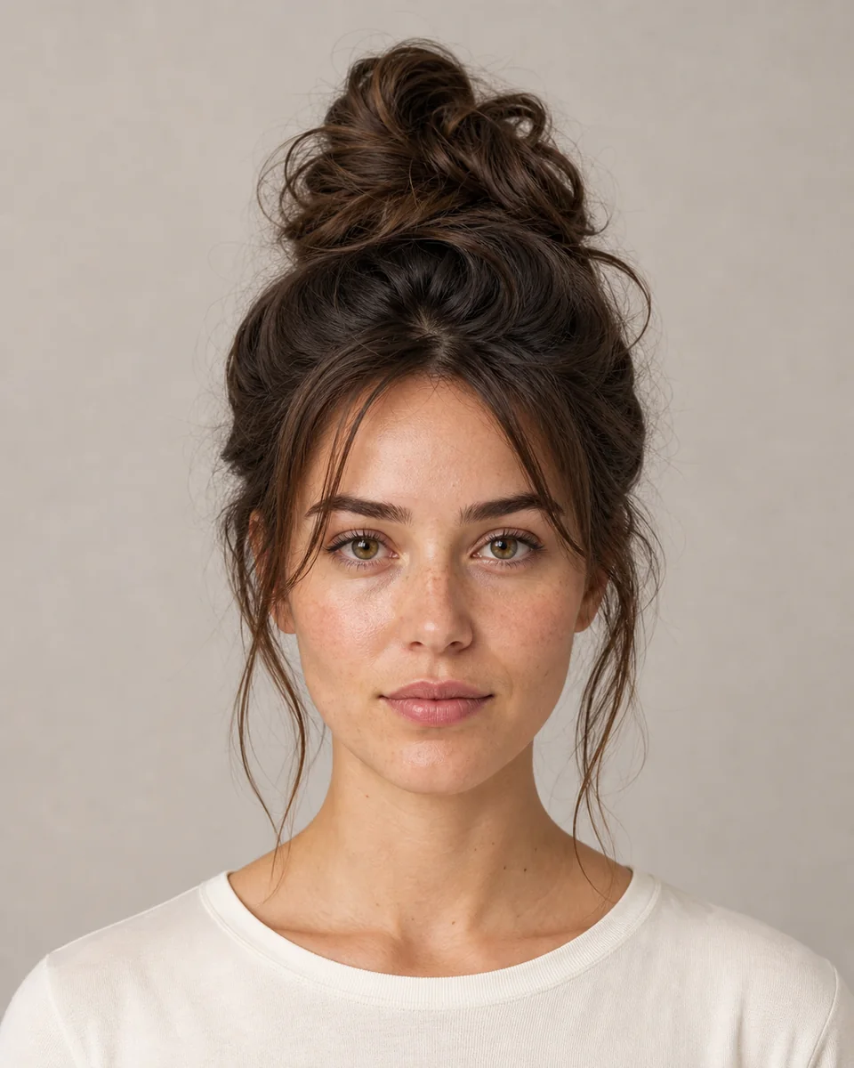 Textured messy bun — synthetic hairstyle study portrait