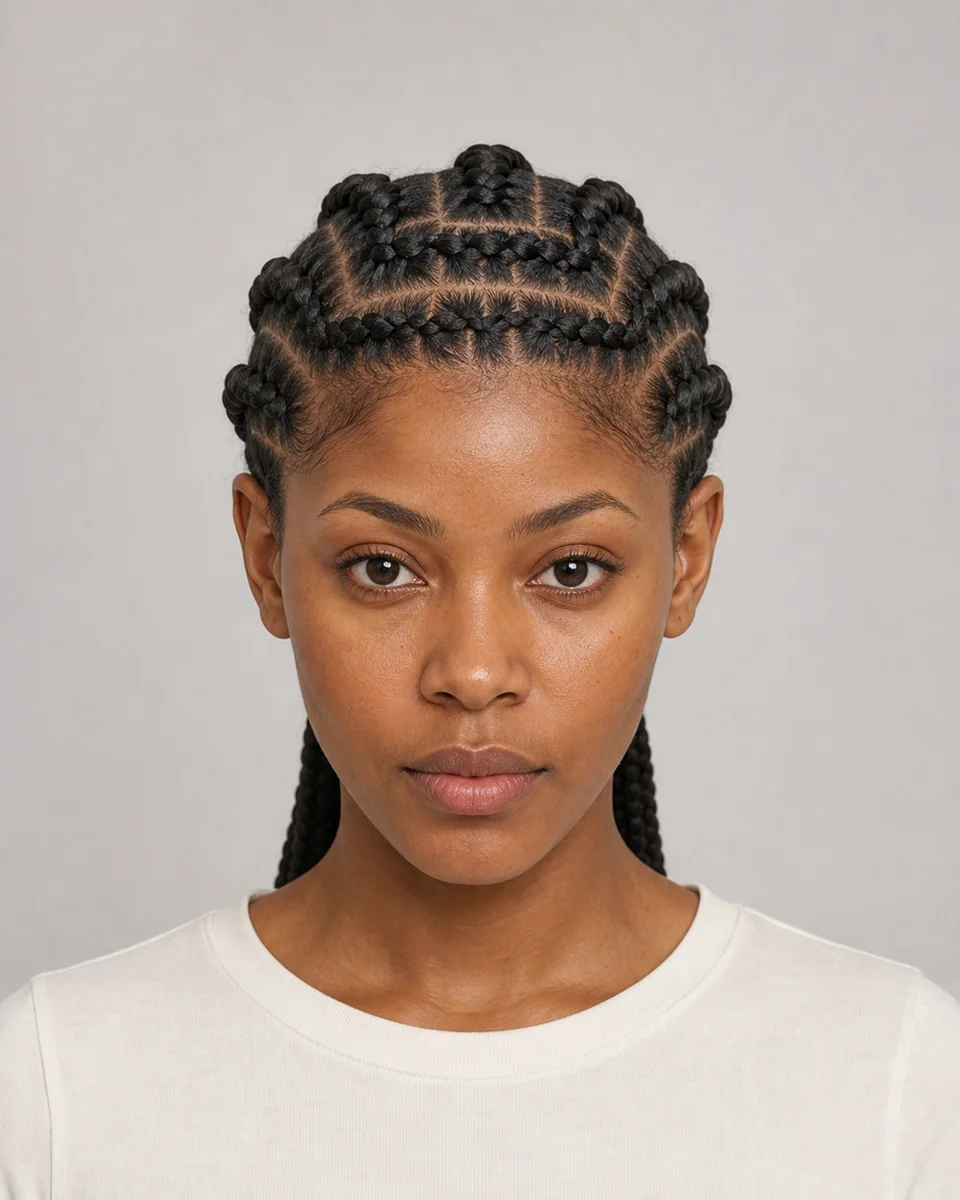 Stitch braids — synthetic hairstyle study portrait