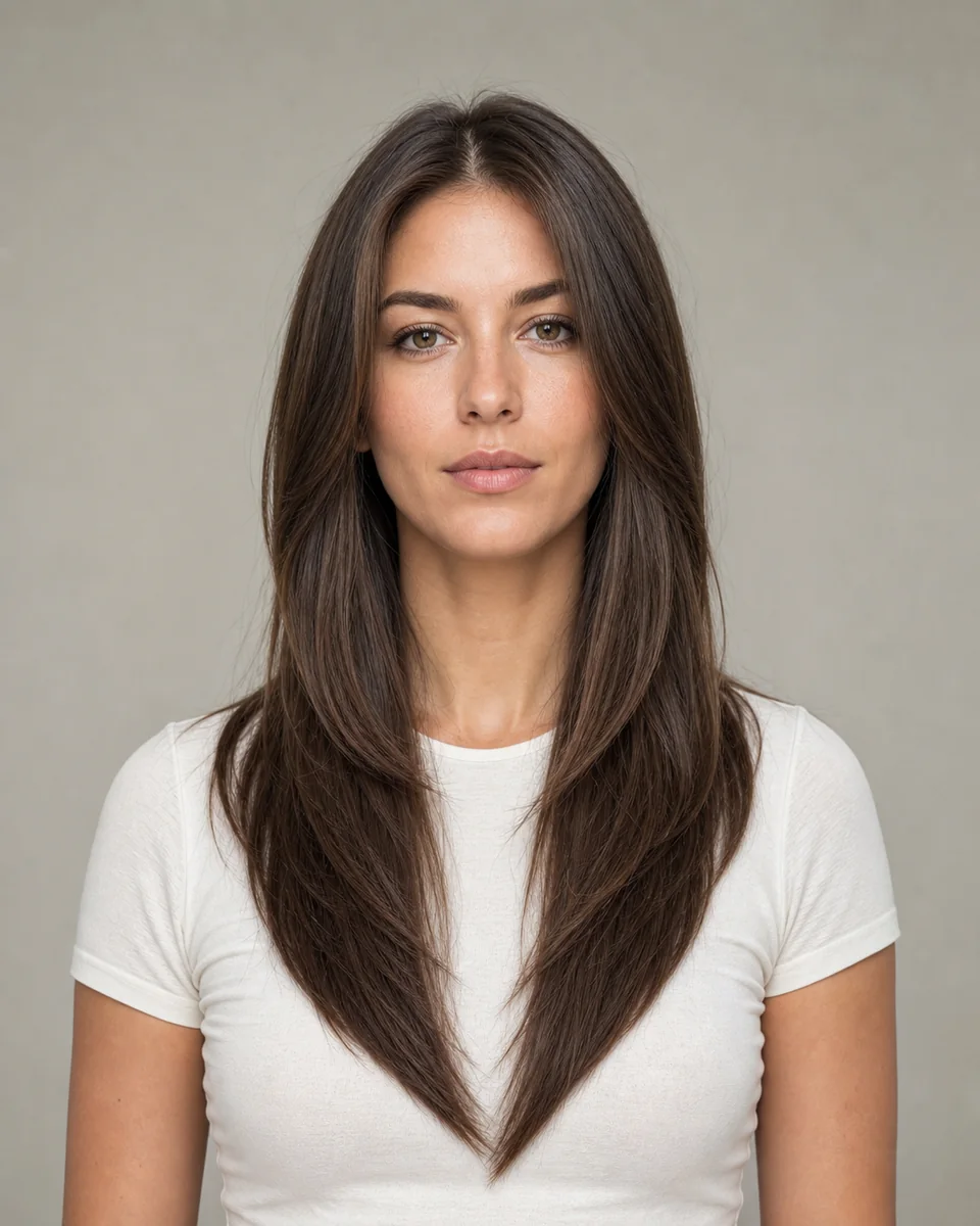 V-shaped long layers — synthetic hairstyle study portrait